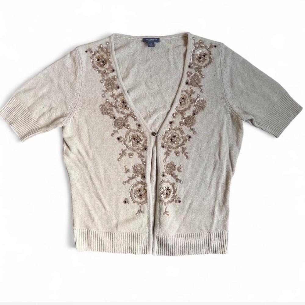 Fairycore Ann Taylor Cream Cardigan with Floral Embellishments